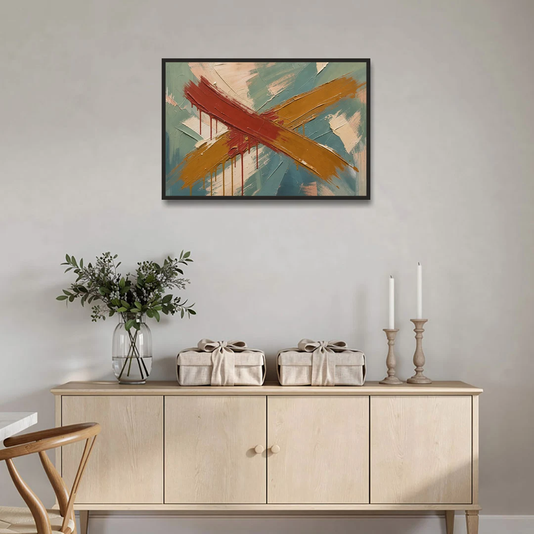 Large Abstract Crossed Red and Amber Bands - Black Framed Canvas Wall Art - Coffee Table - 36x24