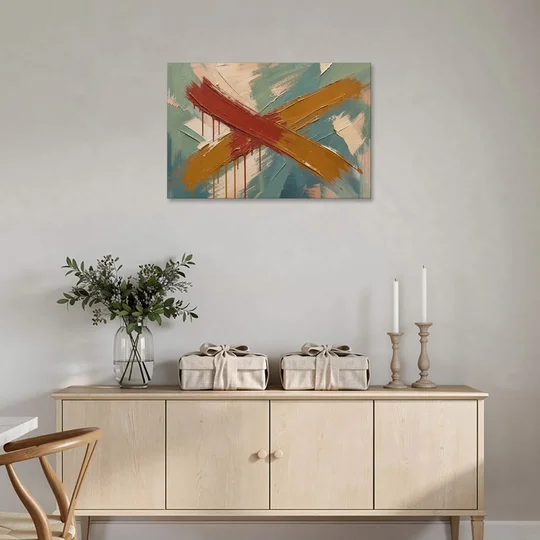 Large Abstract Crossed Red and Amber Bands - Canvas Wall Art - Coffee Table - 36x24