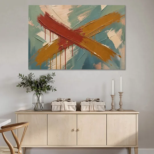 Large Abstract Crossed Red and Amber Bands - Canvas Wall Art - Coffee Table - 60x40