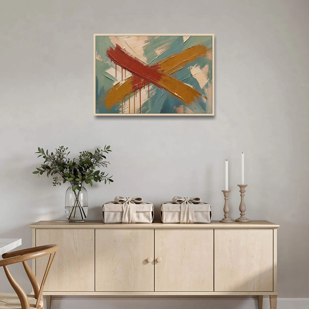 Large Abstract Crossed Red and Amber Bands - Oak Framed Canvas Wall Art - Coffee Table - 36x24