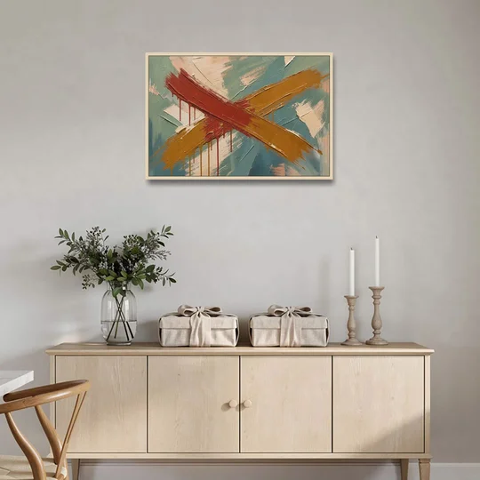 Large Abstract Crossed Red and Amber Bands - Oak Framed Canvas Wall Art - Coffee Table - 36x24