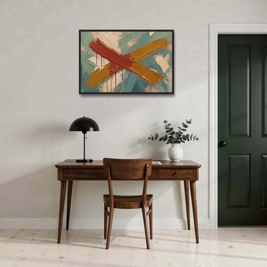 Large Abstract Crossed Red and Amber Bands - Black Framed Canvas Wall Art - Office - 36x24