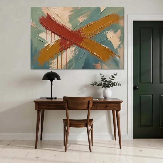 Large Abstract Crossed Red and Amber Bands - Canvas Wall Art - Office - 60x40