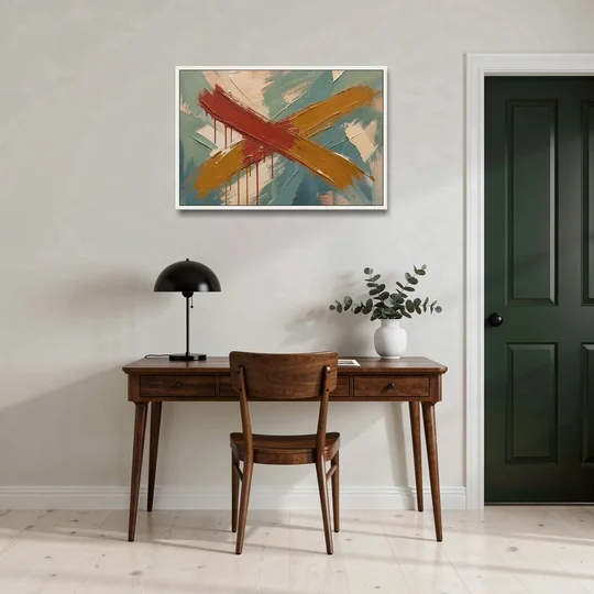 Large Abstract Crossed Red and Amber Bands - White Framed Canvas Wall Art - Office - 36x24