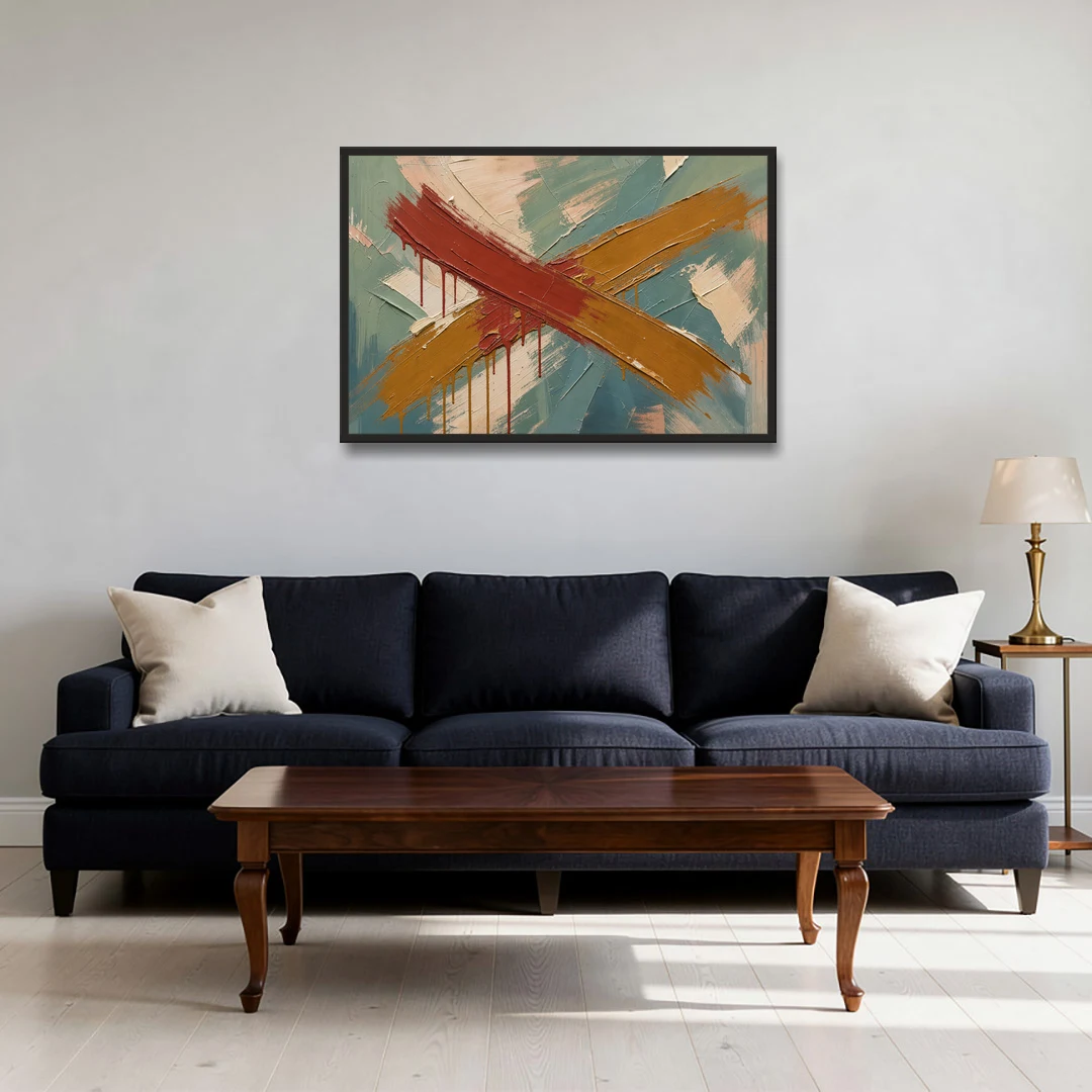 Large Abstract Crossed Red and Amber Bands - Black Framed Canvas Wall Art - Sofa - 36x24