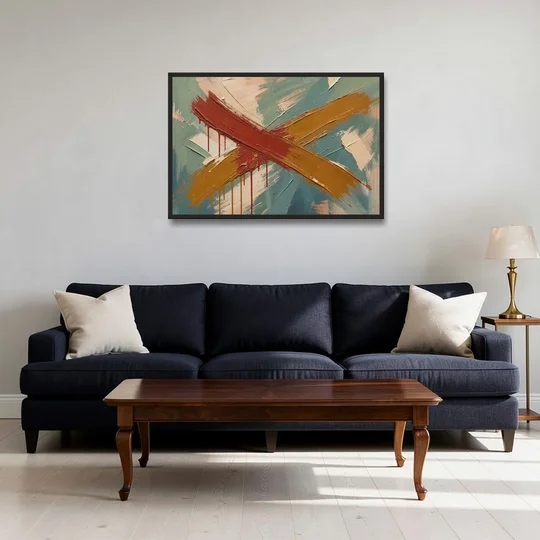 Large Abstract Crossed Red and Amber Bands - Black Framed Canvas Wall Art - Sofa - 36x24