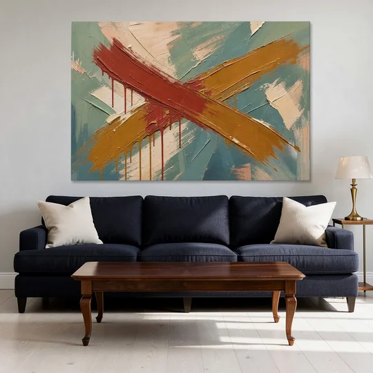 Large Abstract Crossed Red and Amber Bands - Canvas Wall Art - Sofa - 60x40