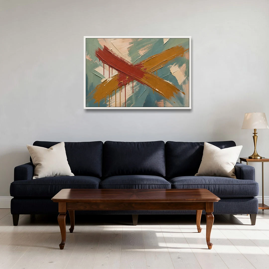 Large Abstract Crossed Red and Amber Bands - White Framed Canvas Wall Art - Sofa - 36x24