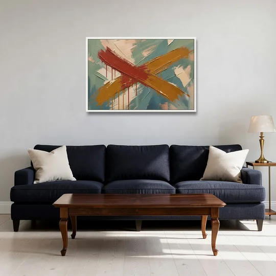 Large Abstract Crossed Red and Amber Bands - White Framed Canvas Wall Art - Sofa - 36x24