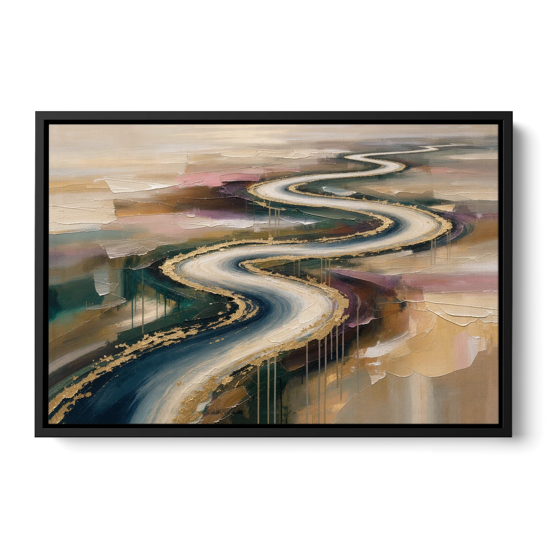 Large Abstract Gilded River Bend for the Living Room - Black Framed Canvas Wall Art - Front
