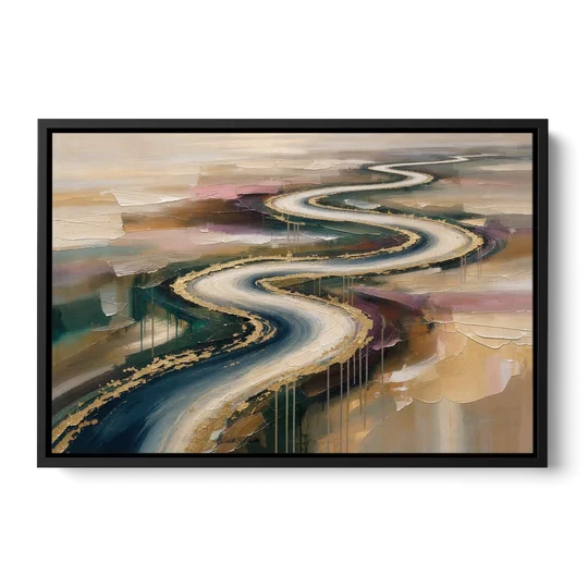 Large Abstract Gilded River Bend for the Living Room - Black Framed Canvas Wall Art - Front