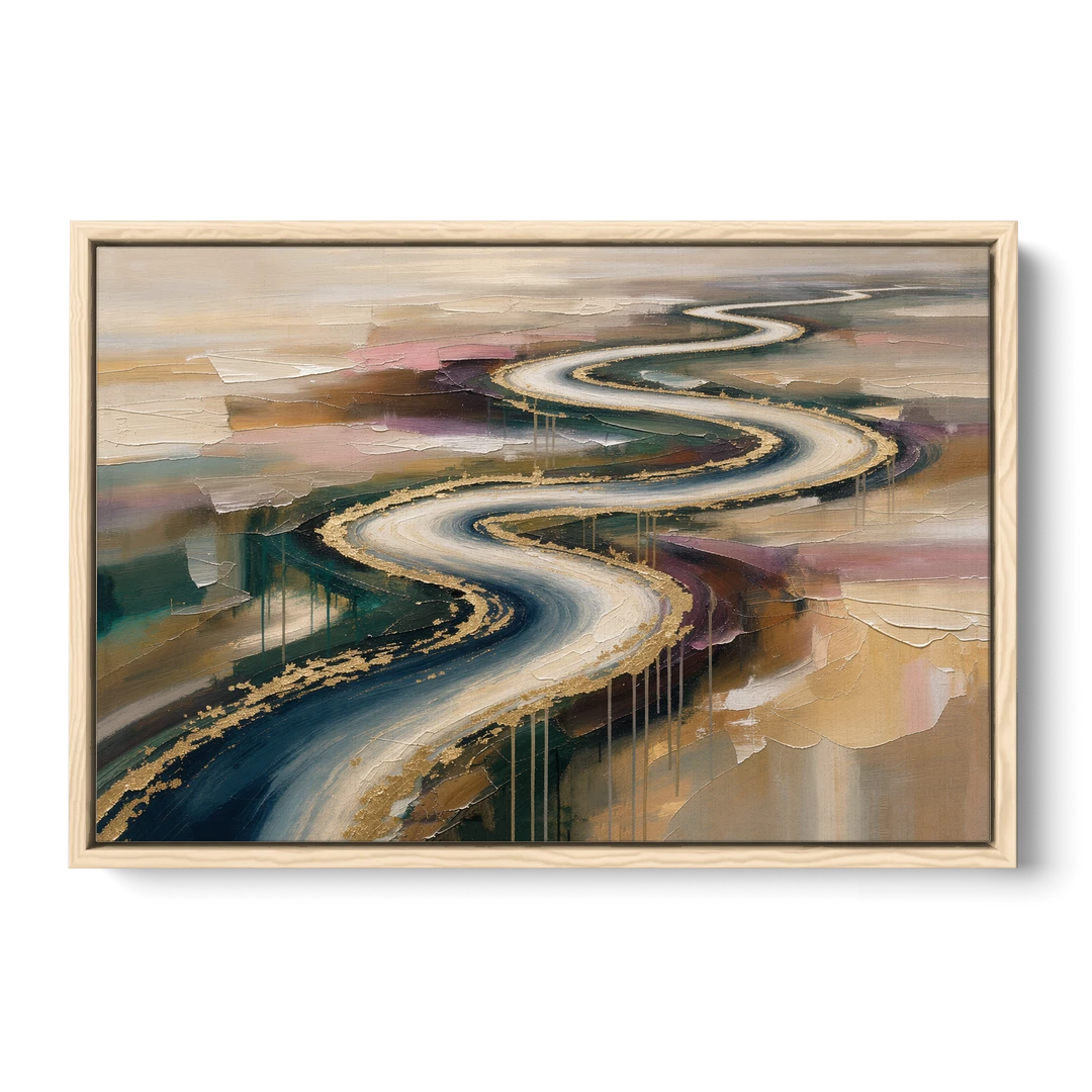 Large Abstract Gilded River Bend for the Living Room - Oak Framed Canvas Wall Art - Front