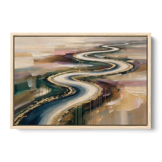 Large Abstract Gilded River Bend for the Living Room - Oak Framed Canvas Wall Art - Front