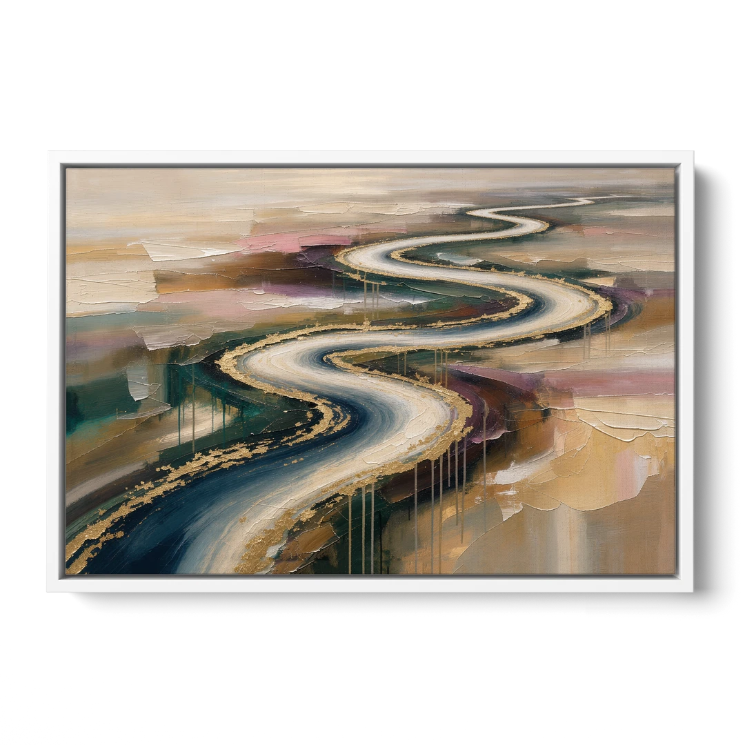 Large Abstract Gilded River Bend for the Living Room - White Framed Canvas Wall Art - Front