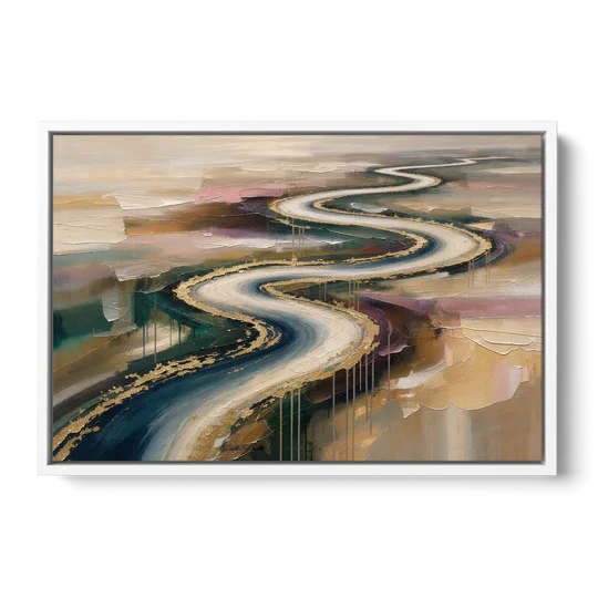 Large Abstract Gilded River Bend for the Living Room - White Framed Canvas Wall Art - Front