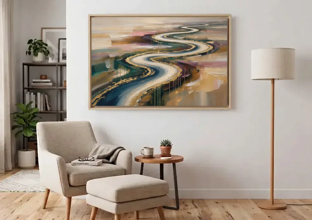Large Abstract Gilded River Bend for the Living Room canvas wall art above an armchair in a bright living room