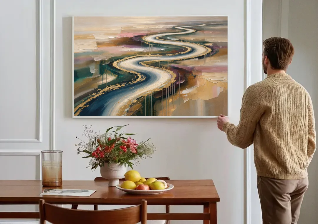 Large Abstract Gilded River Bend for the Living Room canvas wall art above a dining table
