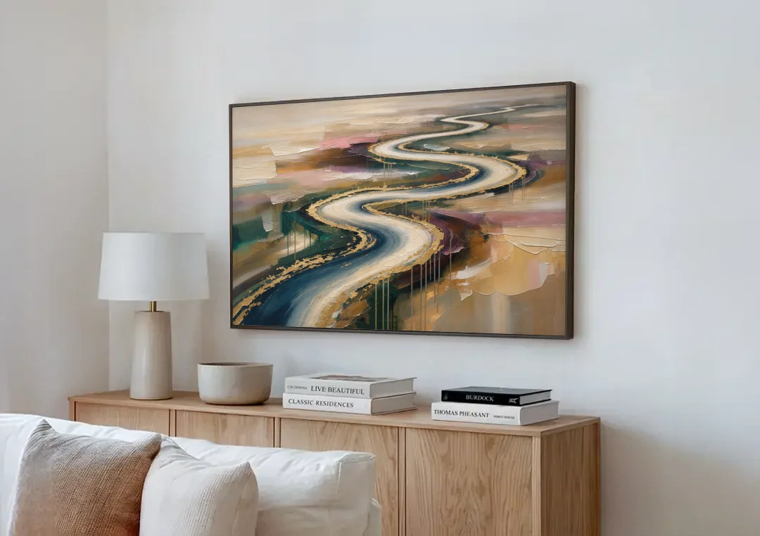 Large Abstract Gilded River Bend for the Living Room canvas wall art above a wooden sideboard next to a sofa
