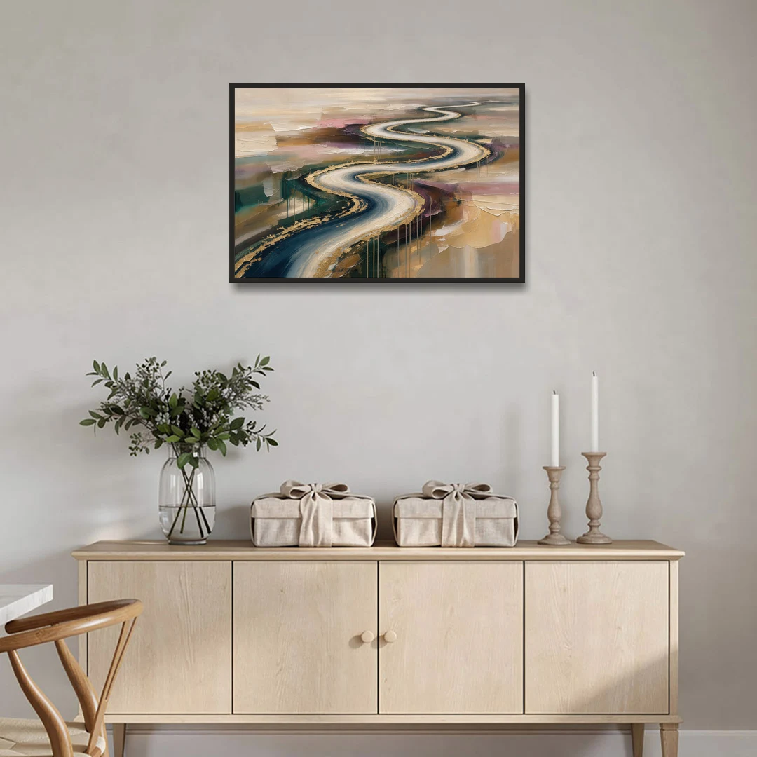 Large Abstract Gilded River Bend for the Living Room - Black Framed Canvas Wall Art - Coffee Table - 36x24