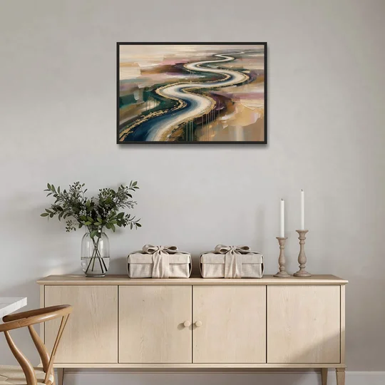 Large Abstract Gilded River Bend for the Living Room - Black Framed Canvas Wall Art - Coffee Table - 36x24