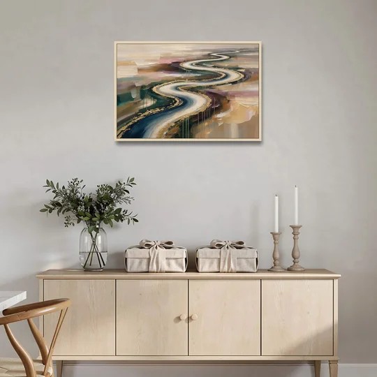 Large Abstract Gilded River Bend for the Living Room - Oak Framed Canvas Wall Art - Coffee Table - 36x24