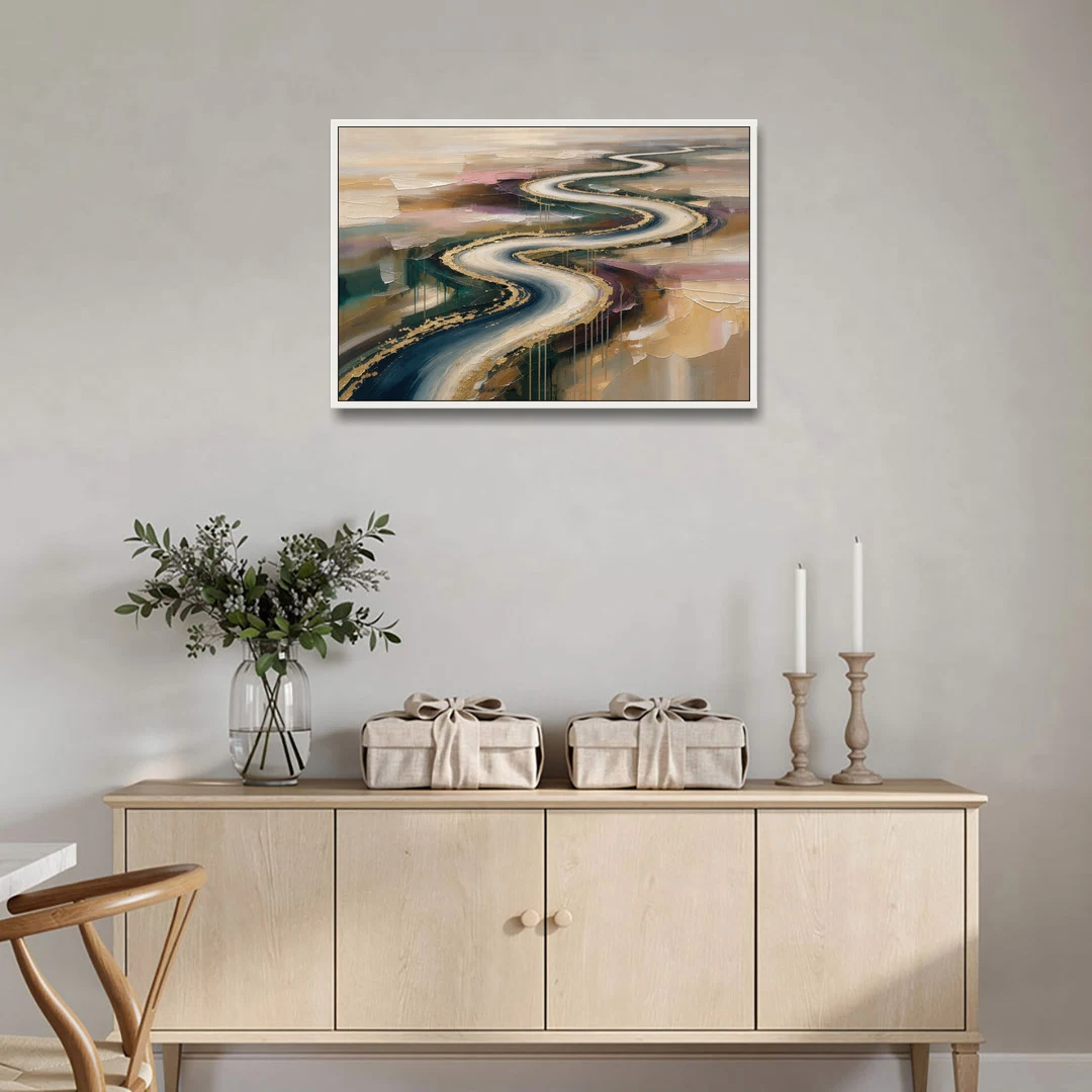 Large Abstract Gilded River Bend for the Living Room - White Framed Canvas Wall Art - Coffee Table - 36x24