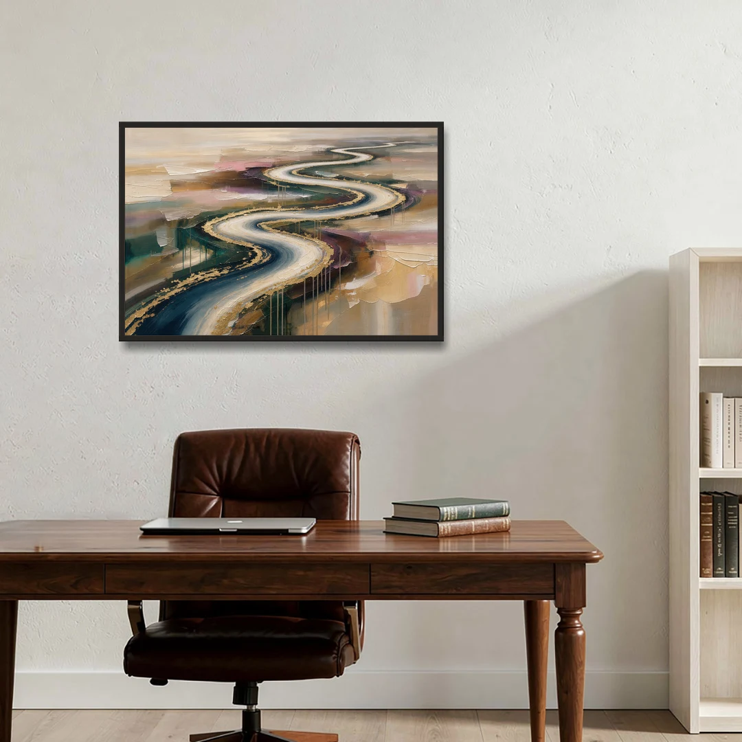 Large Abstract Gilded River Bend for the Living Room - Black Framed Canvas Wall Art - Office - 36x24