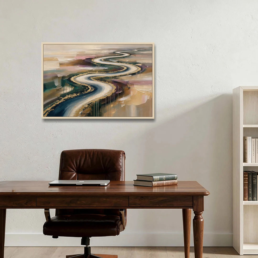 Large Abstract Gilded River Bend for the Living Room - Oak Framed Canvas Wall Art - Office - 36x24