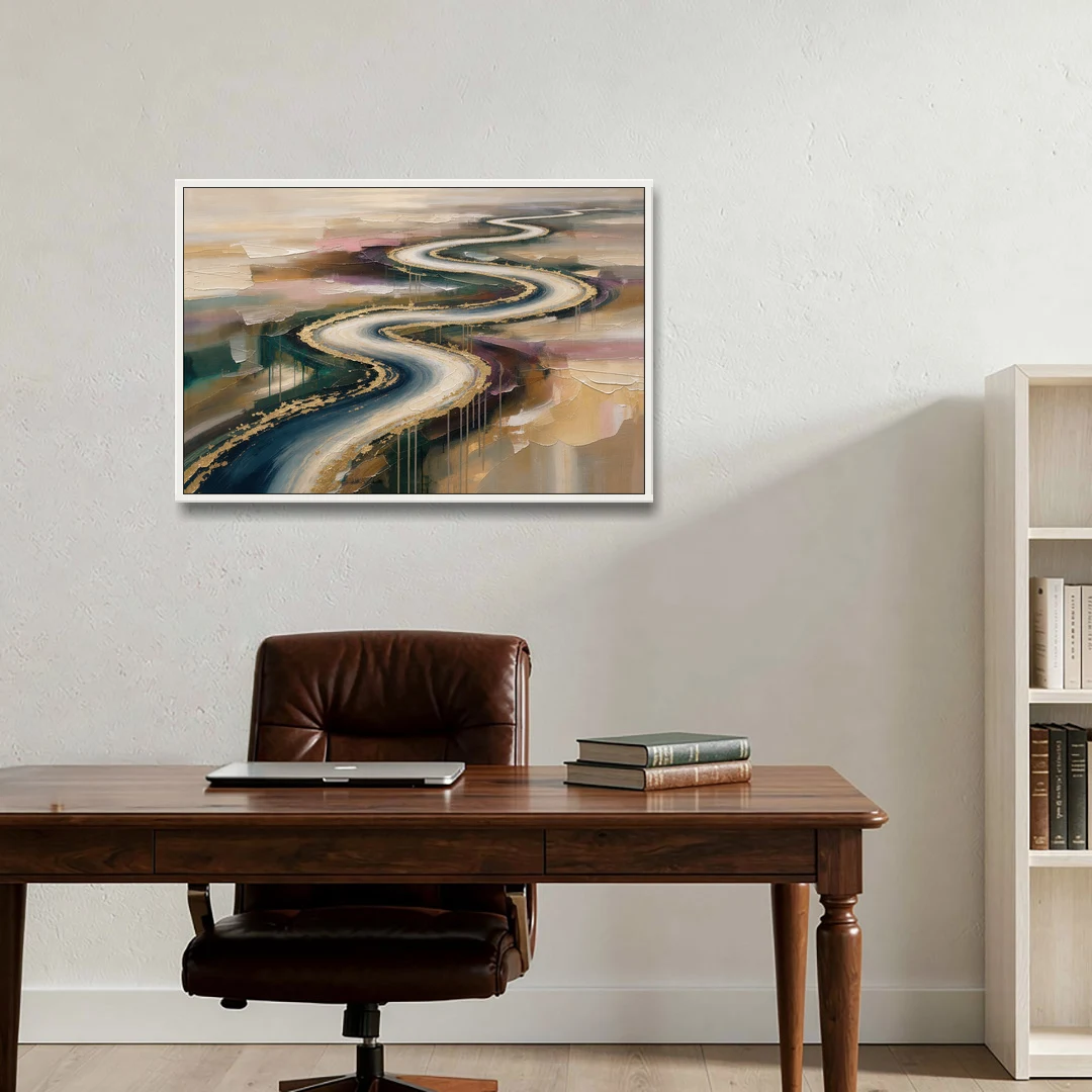 Large Abstract Gilded River Bend for the Living Room - White Framed Canvas Wall Art - Office - 36x24