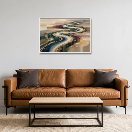 Large Abstract Gilded River Bend for the Living Room - White Framed Canvas Wall Art - Sofa - 36x24