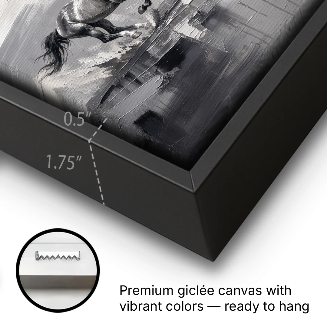 Large Black and White Scene of Four Galloping Horses - Black Framed Canvas Wall Art - Gallery Wrap Corner
