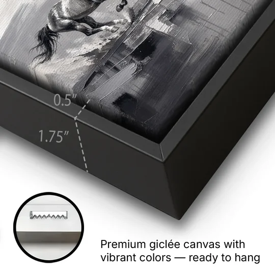 Large Black and White Scene of Four Galloping Horses - Black Framed Canvas Wall Art - Gallery Wrap Corner
