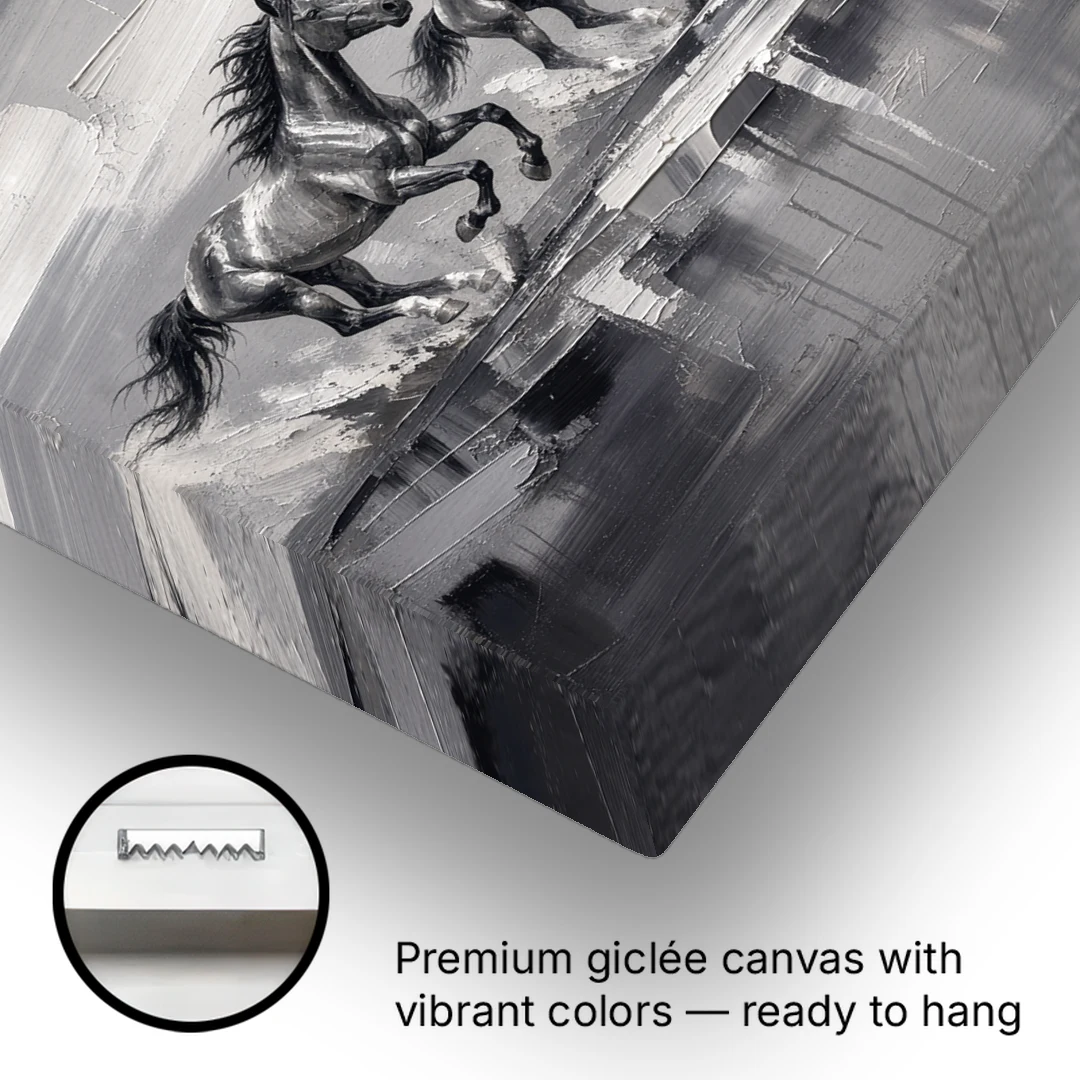 Large Black and White Scene of Four Galloping Horses - Canvas Wall Art - Gallery Wrap Corner