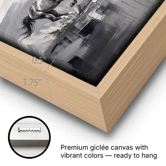 Large Black and White Scene of Four Galloping Horses - Oak Framed Canvas Wall Art - Gallery Wrap Corner