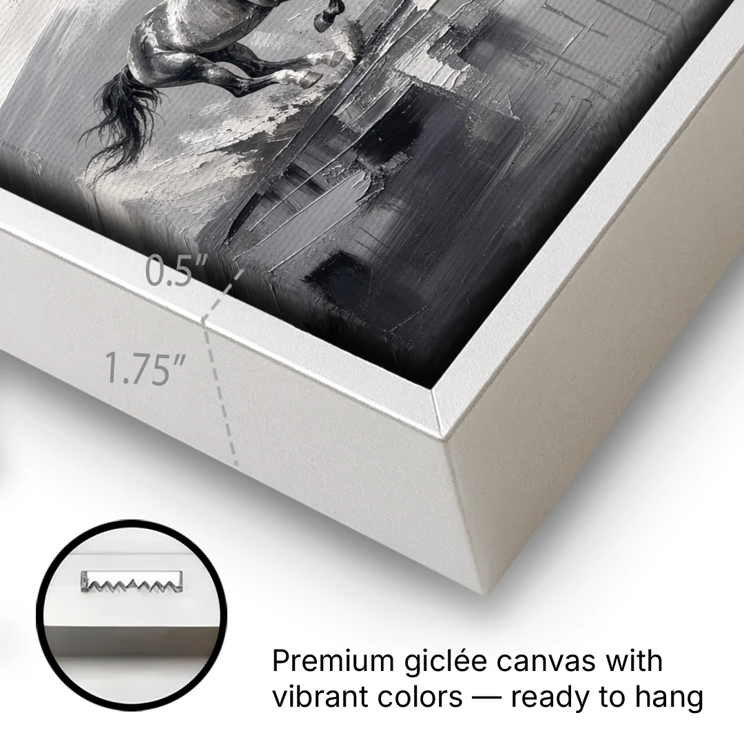 Large Black and White Scene of Four Galloping Horses - White Framed Canvas Wall Art - Gallery Wrap Corner
