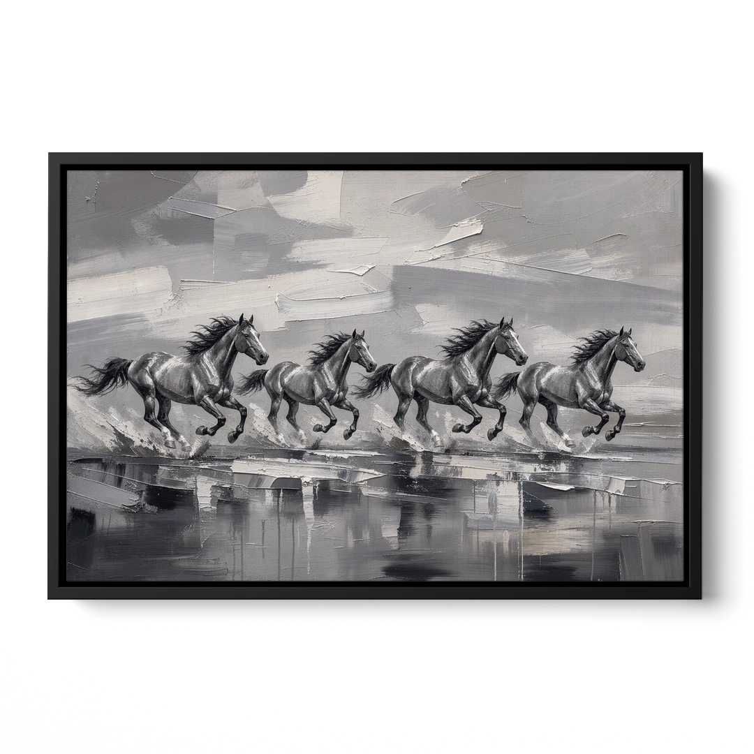 Large Black and White Scene of Four Galloping Horses - Black Framed Canvas Wall Art - Front