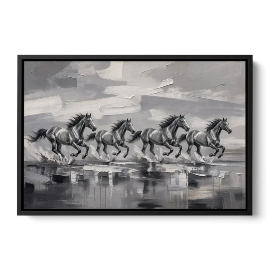 Large Black and White Scene of Four Galloping Horses - Black Framed Canvas Wall Art - Front