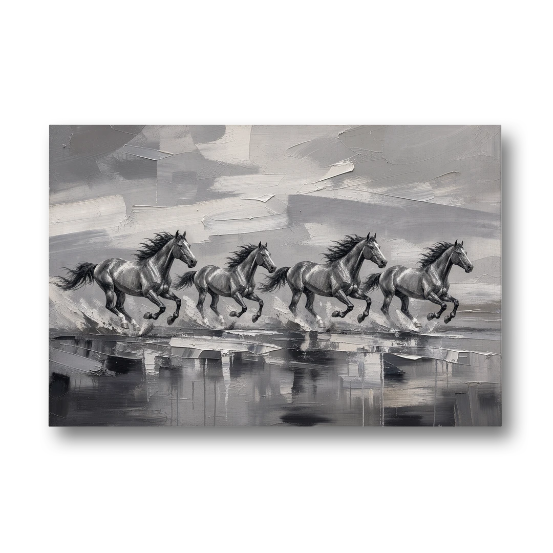 Large Black and White Scene of Four Galloping Horses - Canvas Wall Art - Front