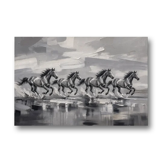 Large Black and White Scene of Four Galloping Horses - Canvas Wall Art - Front