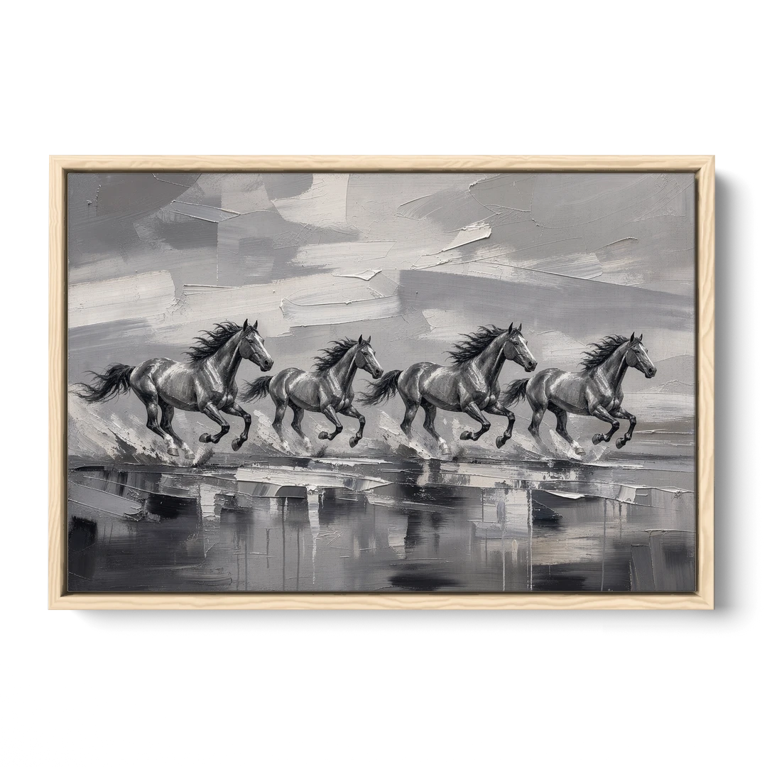 Large Black and White Scene of Four Galloping Horses - Oak Framed Canvas Wall Art - Front