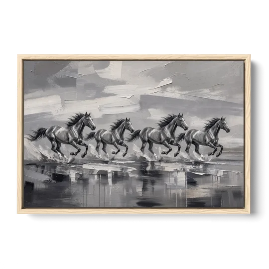 Large Black and White Scene of Four Galloping Horses - Oak Framed Canvas Wall Art - Front