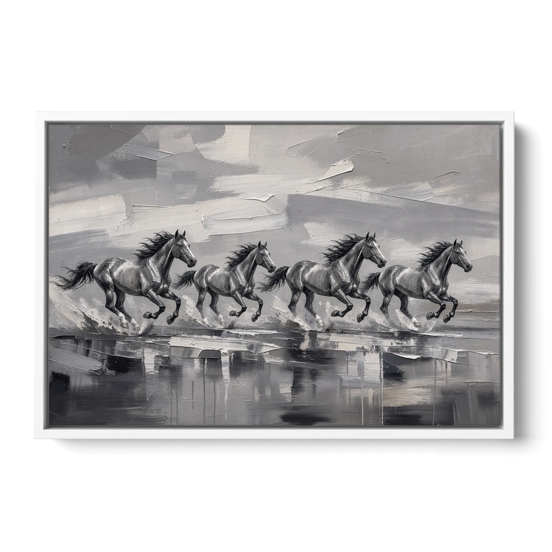 Large Black and White Scene of Four Galloping Horses - White Framed Canvas Wall Art - Front