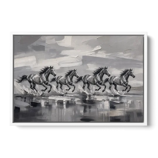 Large Black and White Scene of Four Galloping Horses - White Framed Canvas Wall Art - Front