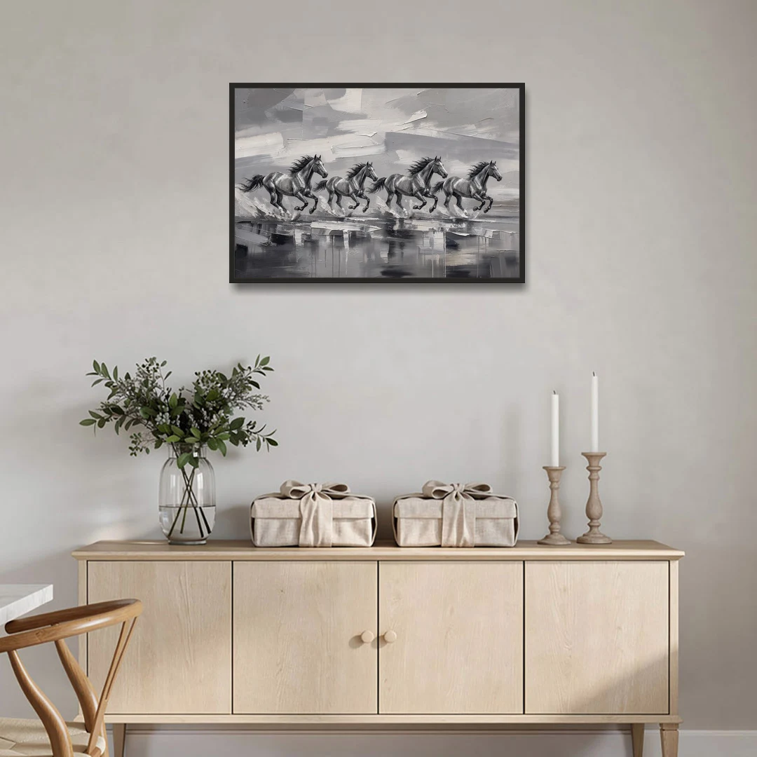 Large Black and White Scene of Four Galloping Horses - Black Framed Canvas Wall Art - Coffee Table - 36x24