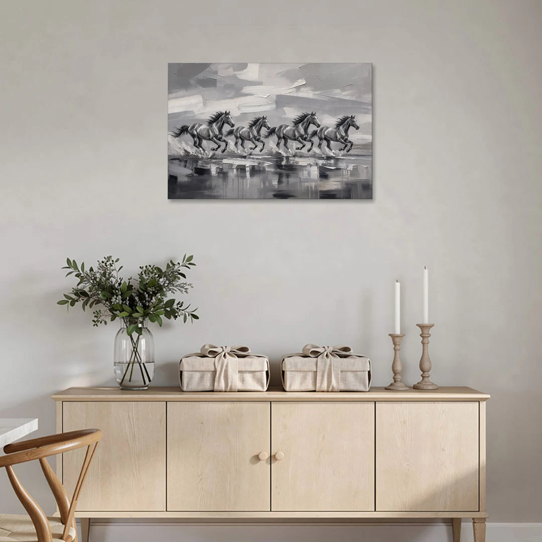 Large Black and White Scene of Four Galloping Horses - Canvas Wall Art - Coffee Table - 36x24