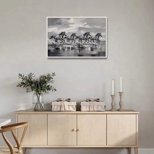 Large Black and White Scene of Four Galloping Horses - White Framed Canvas Wall Art - Coffee Table - 36x24