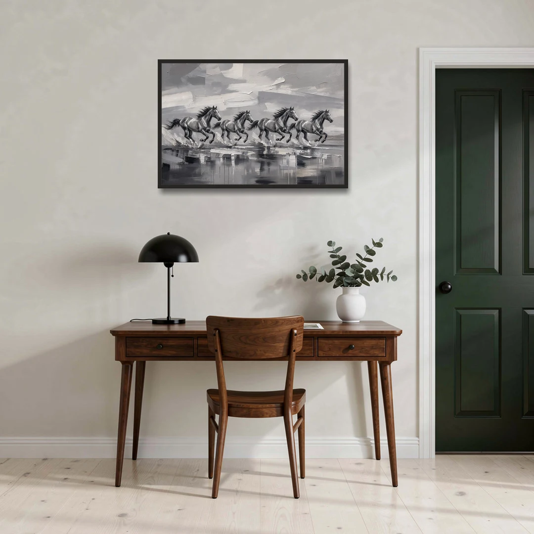 Large Black and White Scene of Four Galloping Horses - Black Framed Canvas Wall Art - Office - 36x24