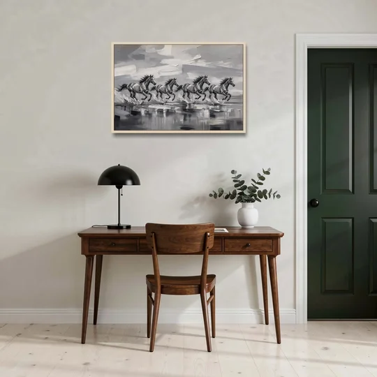 Large Black and White Scene of Four Galloping Horses - Oak Framed Canvas Wall Art - Office - 36x24