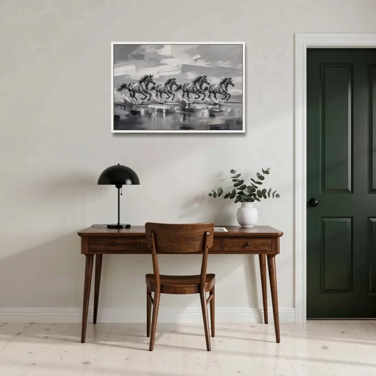 Large Black and White Scene of Four Galloping Horses - White Framed Canvas Wall Art - Office - 36x24