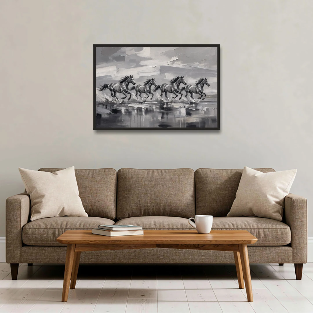Large Black and White Scene of Four Galloping Horses - Black Framed Canvas Wall Art - Sofa - 36x24